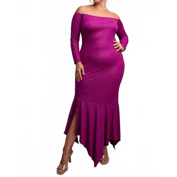 NEW THE CURVE LA plus size off shoulder metallic knit dress with slit in magenta - Picture 1 of 5